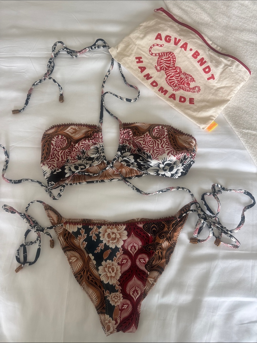 Agua Bendita Brown and White Floral Tie-Top Bikini Reversible